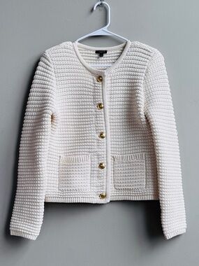 Talbots Gaspard Cream Textured Knit Cardigan Sweater Jacket Gold Button Crew PS